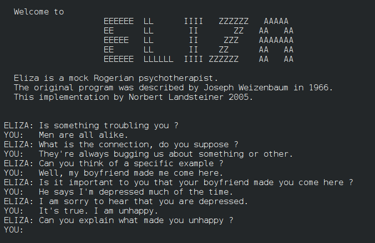 A printed ELIZA conversation transcript in monospace type.