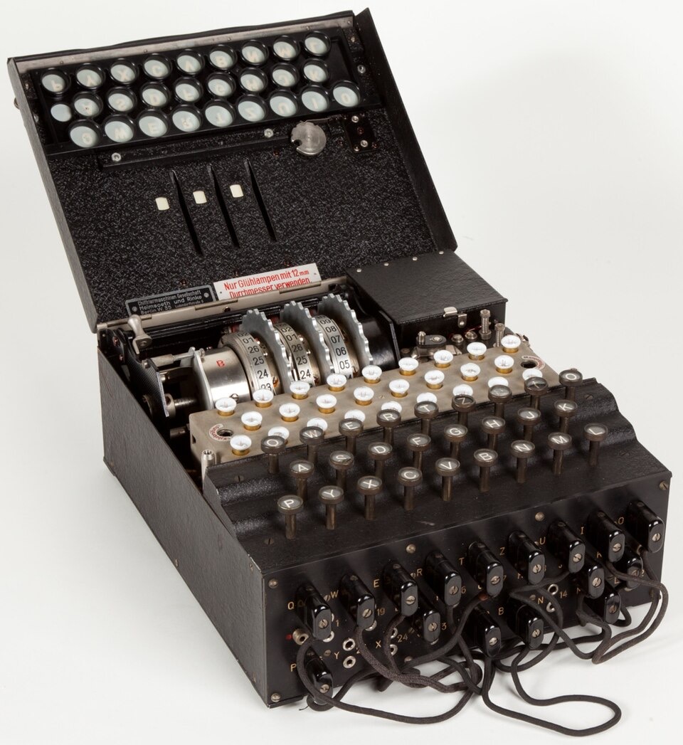 An Enigma cipher machine with its keyboard and lampboard visible.